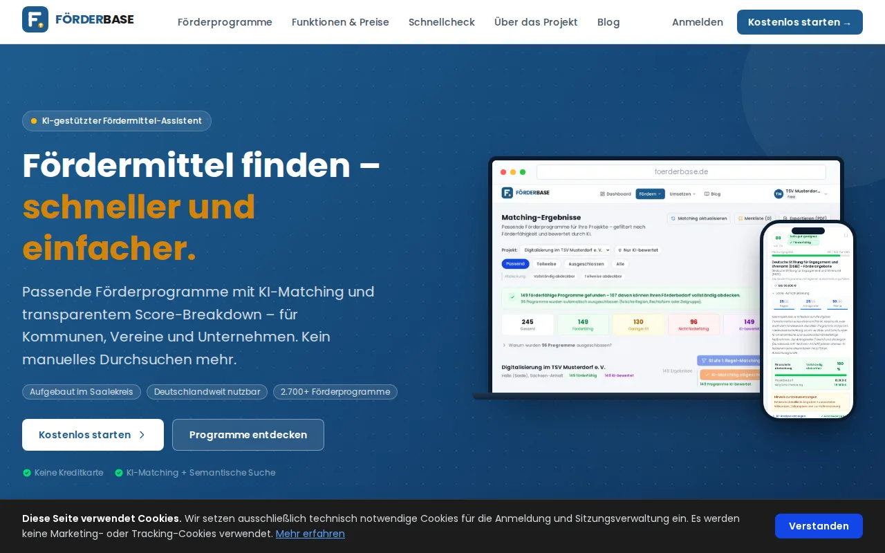 Förderbase – Landing der Suchoberfläche
