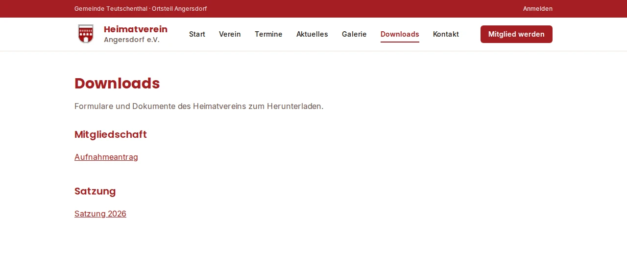 Downloadseite des Heimatvereins Angersdorf mit Aufnahmeantrag und Satzung 2026