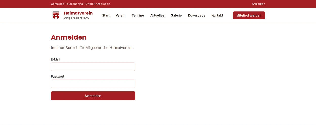 Anmeldeseite zum internen Bereich des Heimatvereins Angersdorf