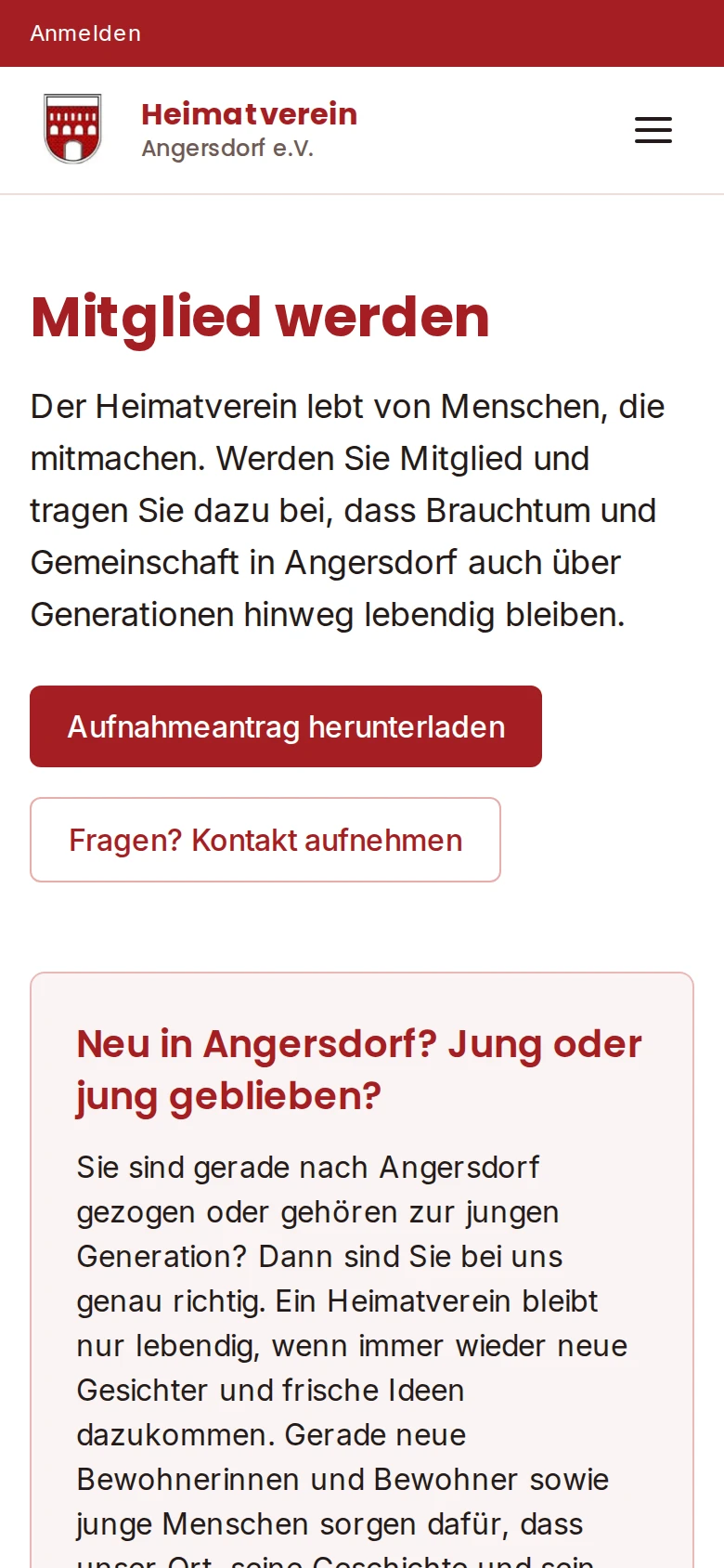 Seite Mitglied werden auf dem Handy mit Aufnahmeantrag