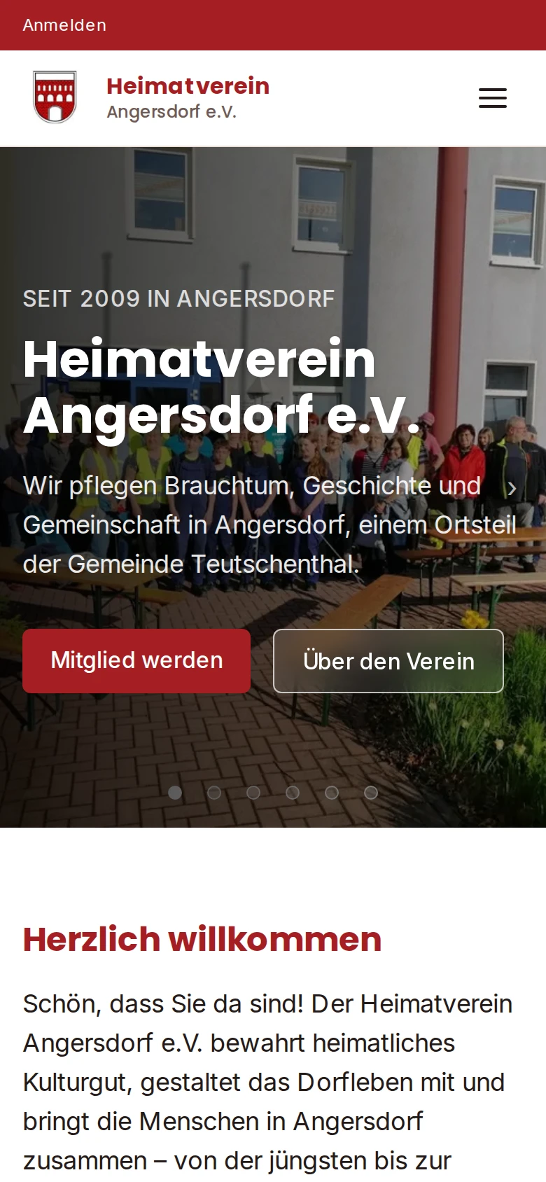 Startseite des Heimatvereins auf dem Handy mit Bildfolge und Begrüßung