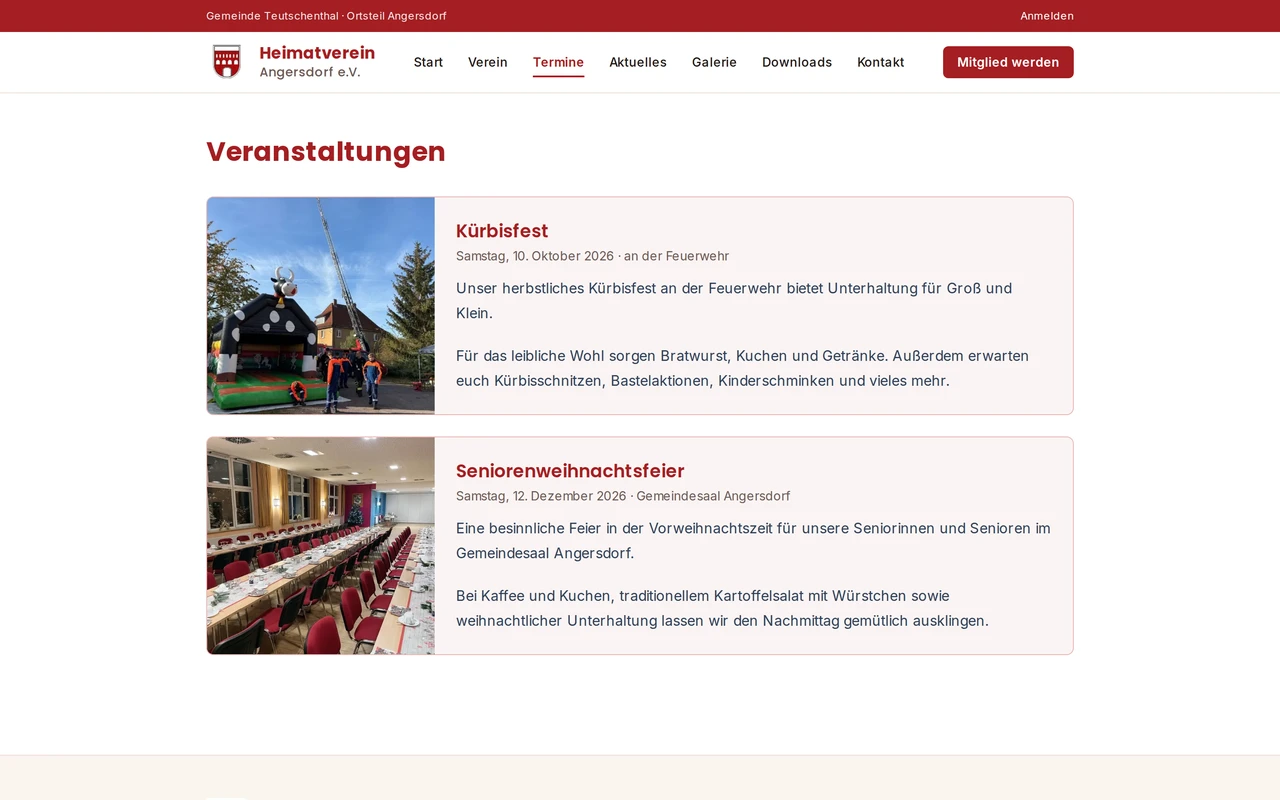 Veranstaltungsseite des Heimatvereins Angersdorf mit zwei kommenden Terminen