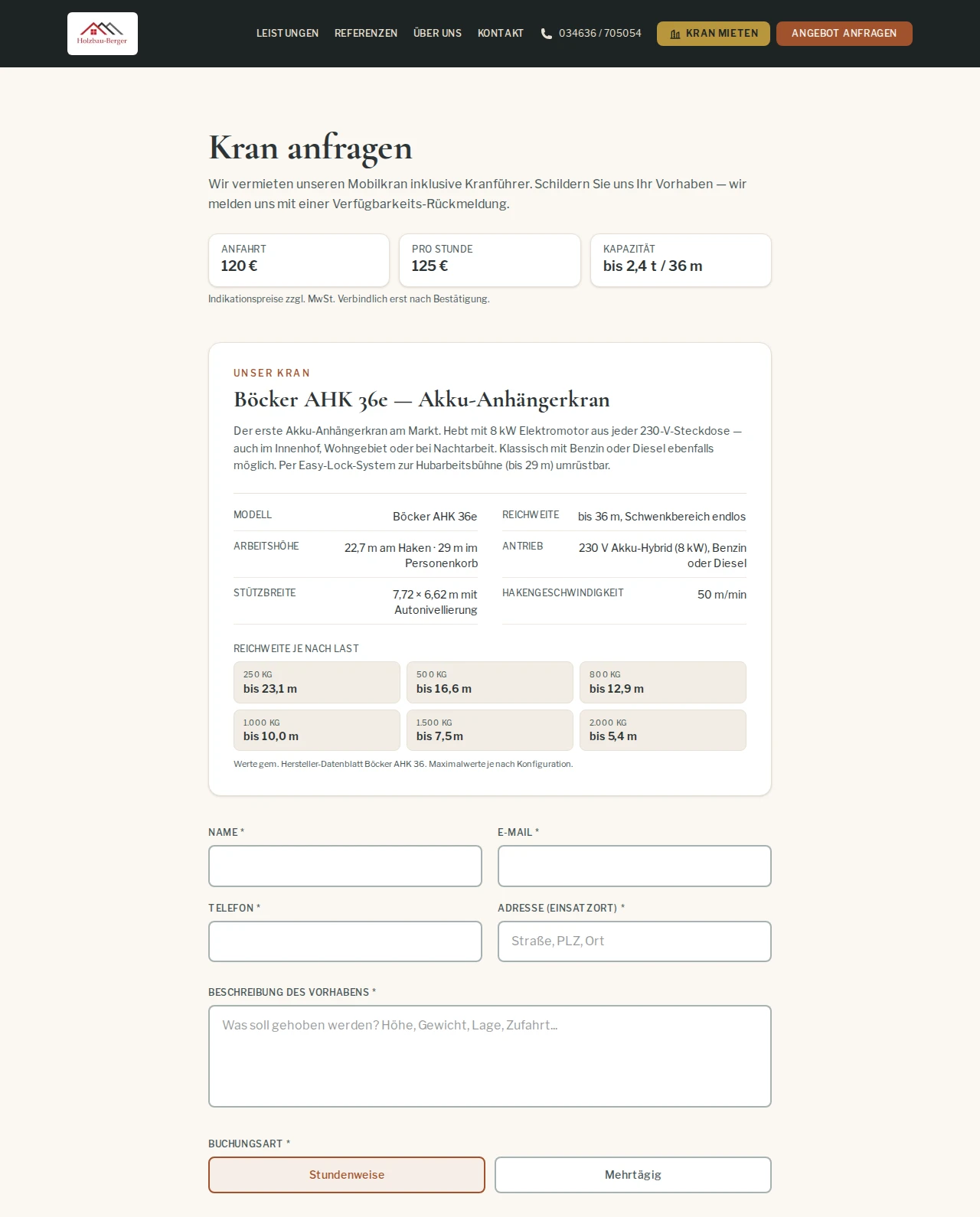 Anfrageformular für die Kranvermietung mit Stundenpreis, technischen Daten des Krans und Eingabefeldern für Einsatzort und Vorhaben