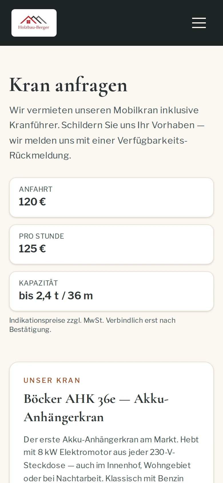 Anfrageformular für die Kranvermietung auf dem Handy