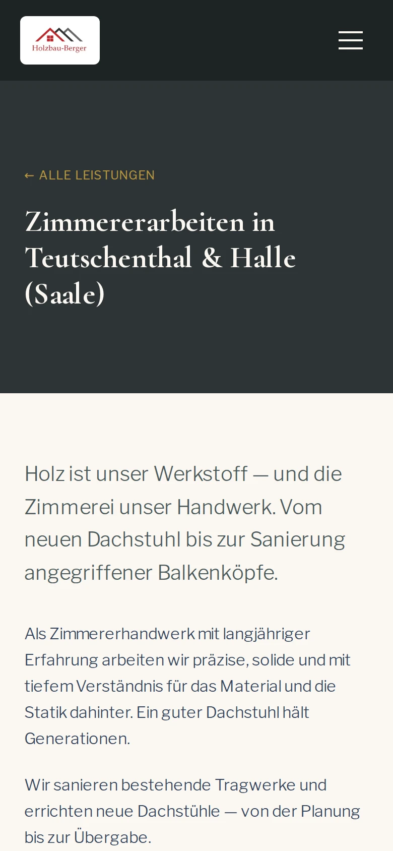 Leistungsseite Zimmererarbeiten auf dem Handy