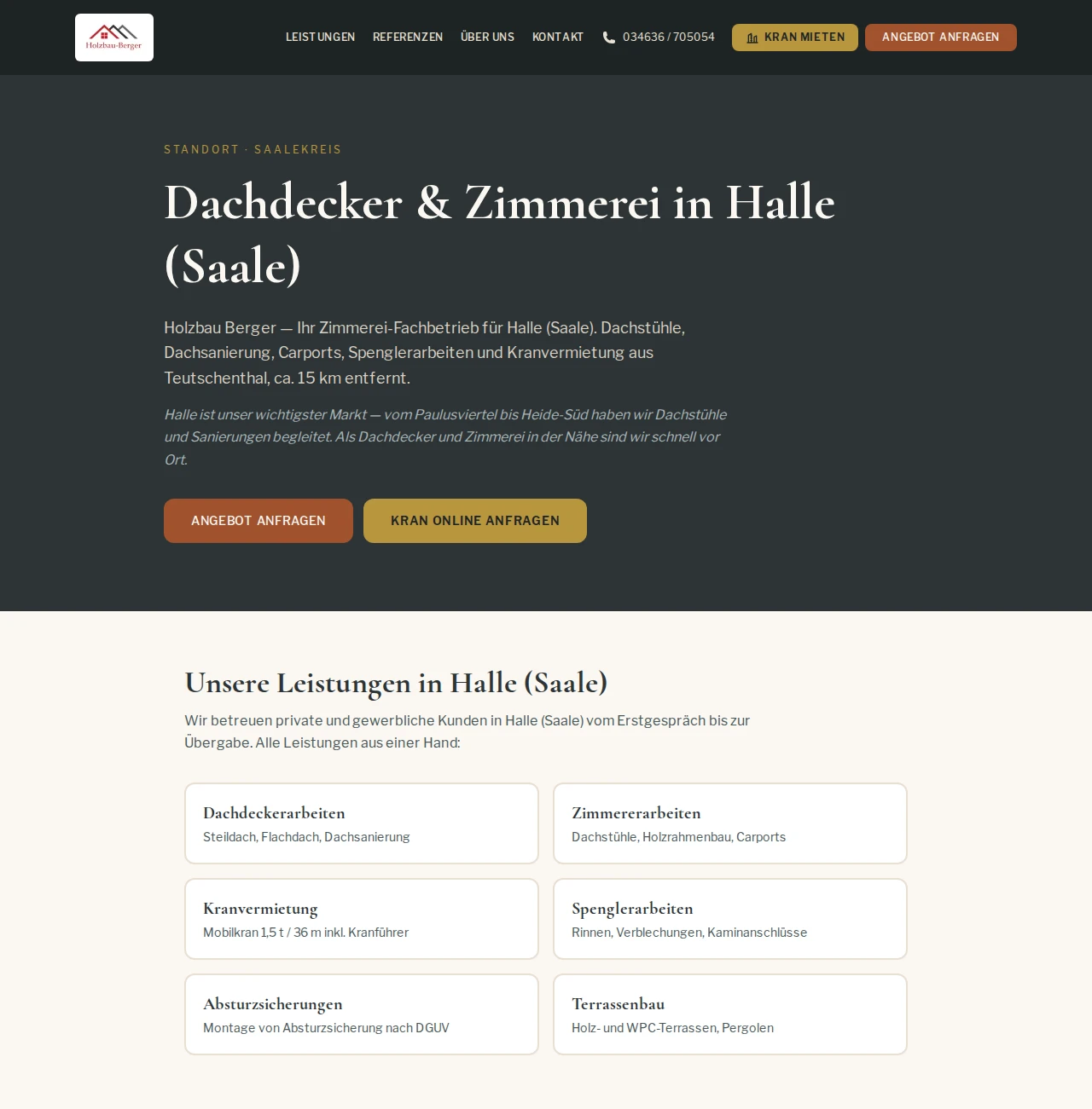 Standortseite Halle (Saale) von Holzbau Berger mit ortsbezogenem Text und Leistungsliste