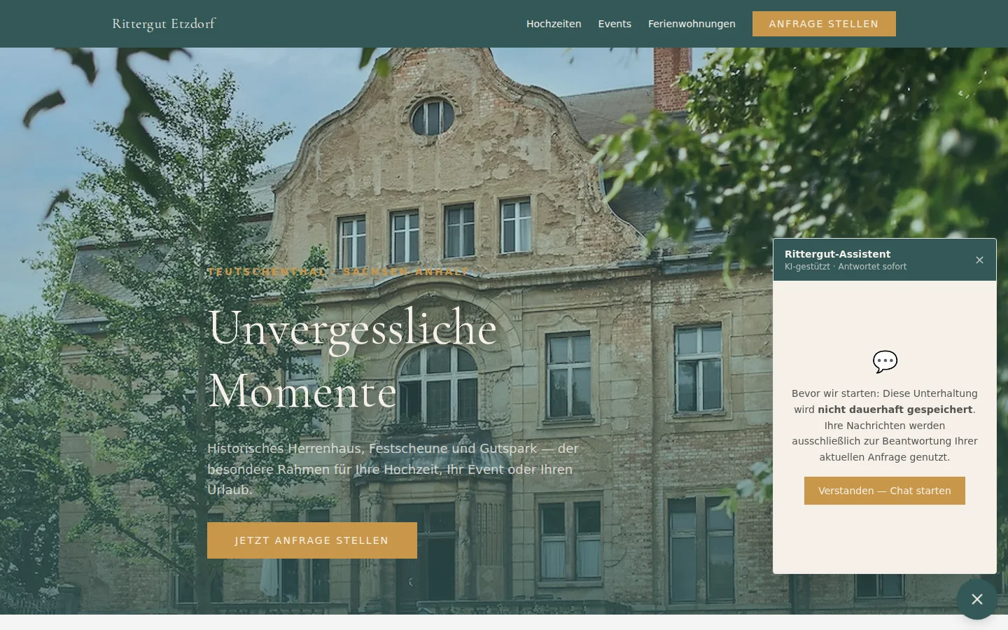 Rittergut Etzdorf – neue Buchungsplattform mit KI-Assistent