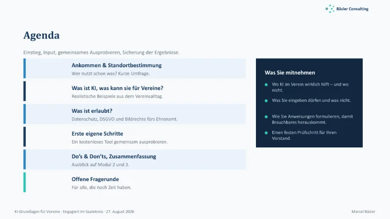 Folie Agenda von Modul 1: Standortbestimmung, Was ist KI, Was ist erlaubt, Erste eigene Schritte, Do’s und Don’ts