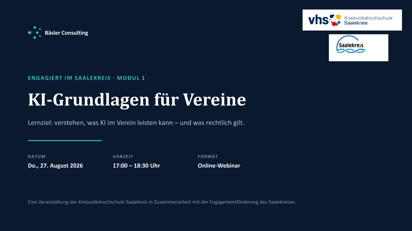 Titelfolie von Modul 1: KI-Grundlagen für Vereine, Engagiert im Saalekreis, 27. August 2026, Online-Webinar