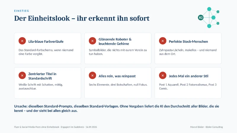 Folie: Der Einheitslook – sechs typische Merkmale von KI-Flyern