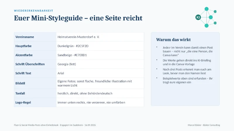 Folie: Euer Mini-Styleguide – eine Seite reicht, mit Beispielwerten