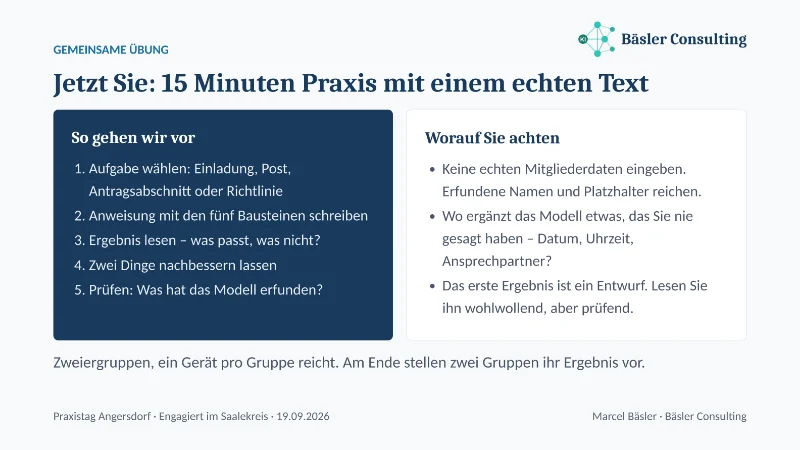 Folie: Jetzt Sie – 15 Minuten Praxis mit einem echten Text