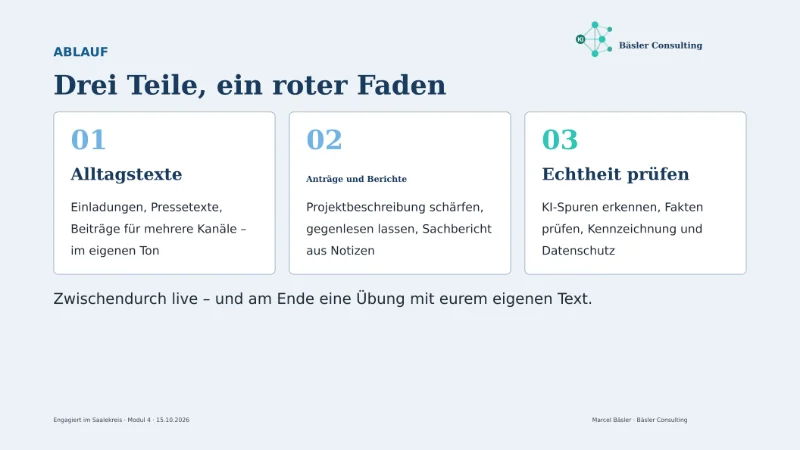 Folie: Drei Teile, ein roter Faden – Alltagstexte, Anträge und Berichte, Echtheit prüfen