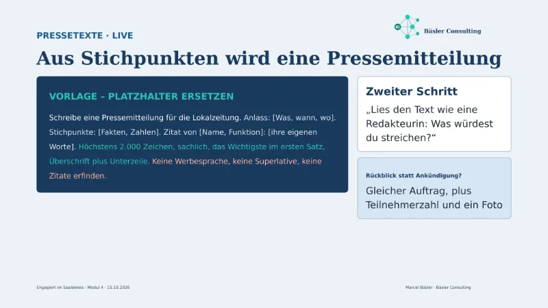 Folie: Aus Stichpunkten wird eine Pressemitteilung – Vorlage mit Platzhaltern