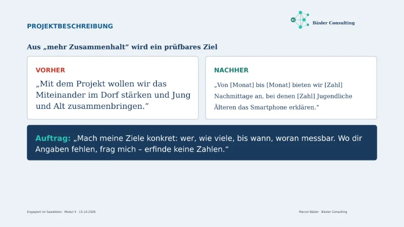 Folie: Aus mehr Zusammenhalt wird ein prüfbares Ziel – vorher und nachher