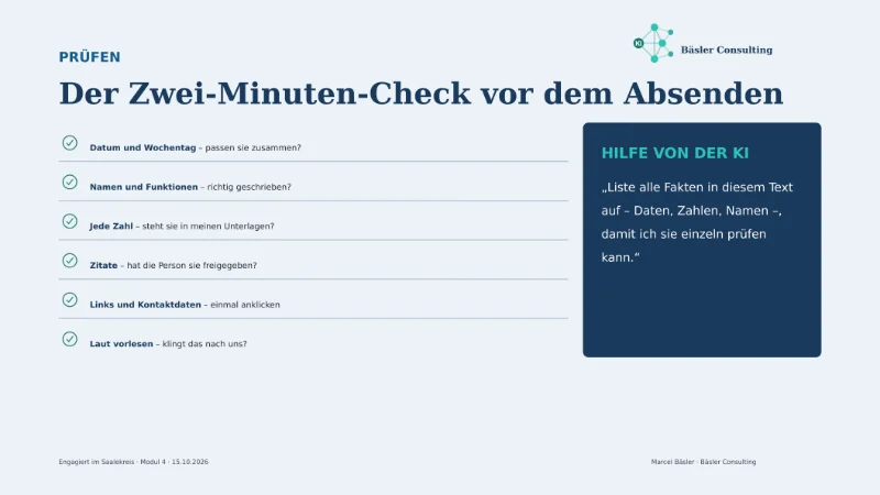 Folie: Der Zwei-Minuten-Check vor dem Absenden mit sechs Prüfpunkten