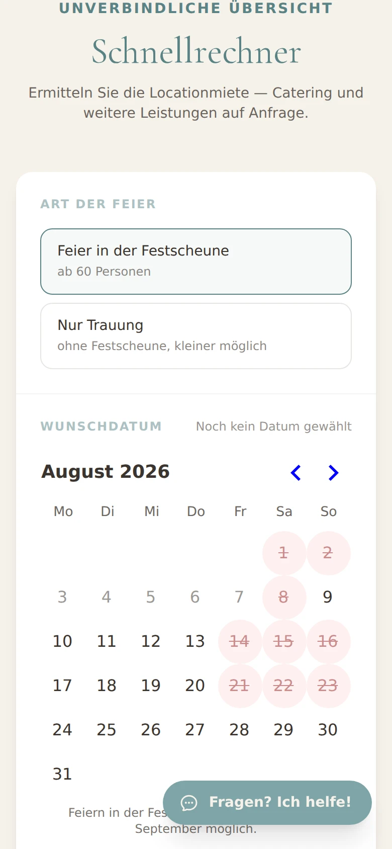 Schnellrechner auf dem Handy: Art der Feier wählen und im Kalender sehen, welche Termine belegt sind